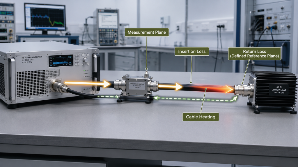RF PA dummy load cable testing showing defined reference plane, return loss, insertion loss and cable heating