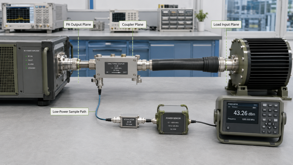 RF PA test setup showing PA output plane, coupler plane, load input plane and low-power sample path
