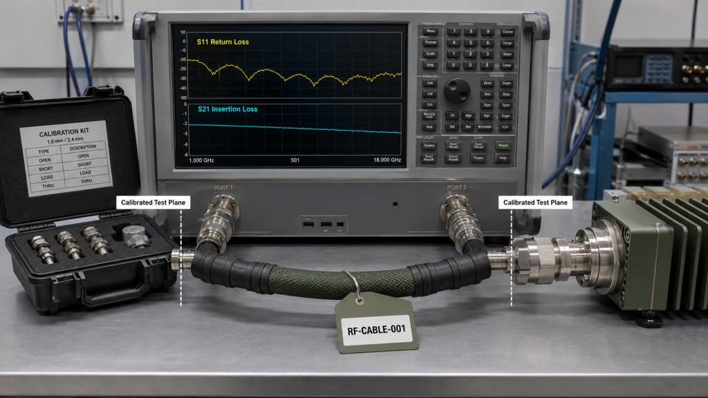 High-power dummy load cable qualification using VNA S11 return loss and S21 insertion loss measurement