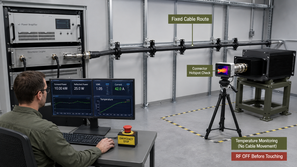 High-power dummy load cable inspection with connector hotspot check and temperature monitoring