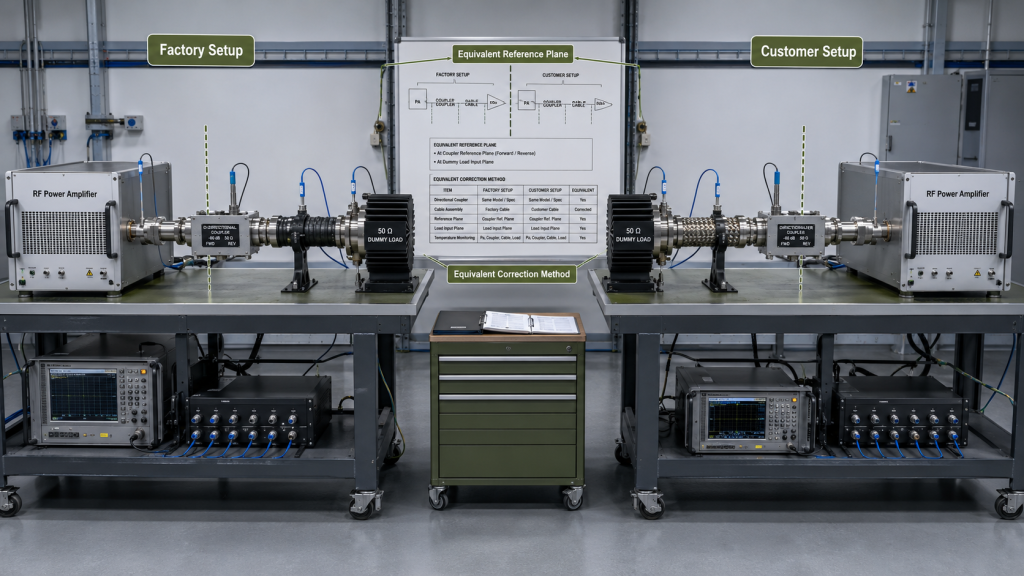 RF PA factory and customer retest comparison using equivalent reference plane and correction method