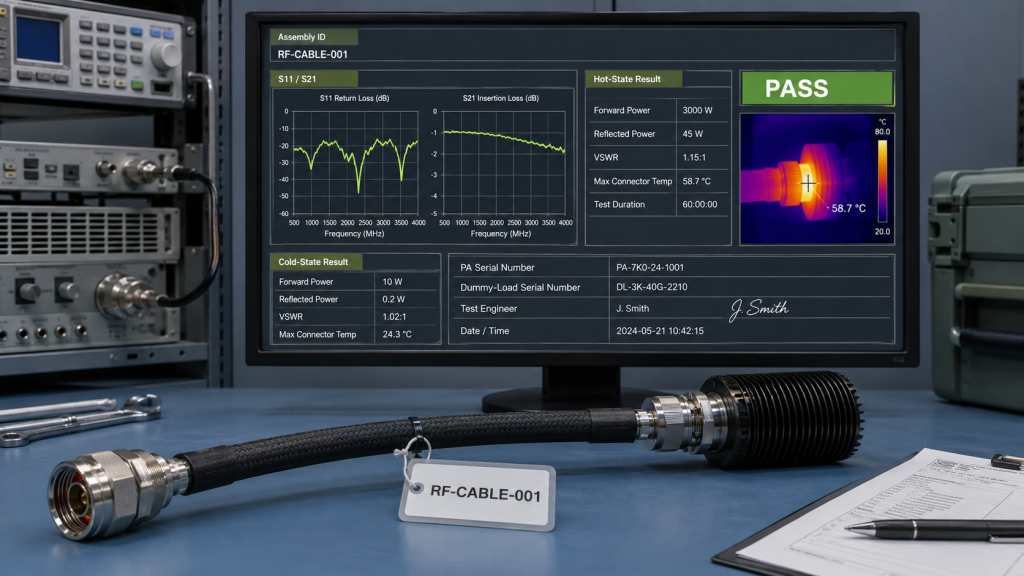 Dummy load cable qualification report with return loss, insertion loss, hot-state test and acceptance results