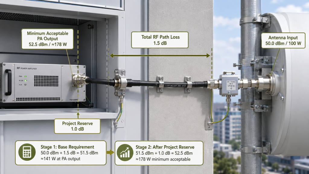 RF PA power budget calculation including antenna input requirement, RF path loss, and project reserve