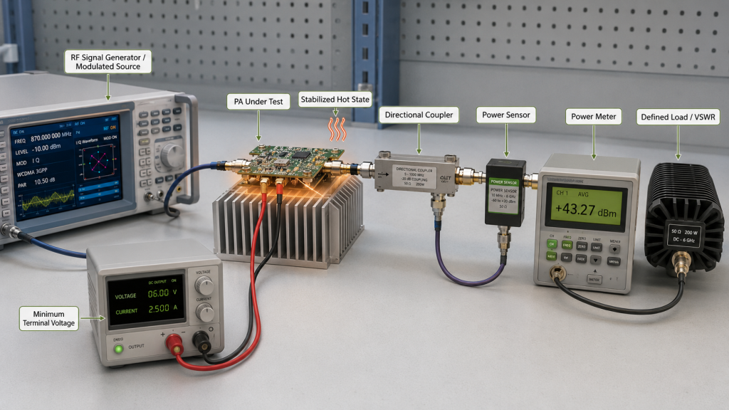 RF PA worst-case verification test with signal generator, power sensor, hot-state operation, voltage, and VSWR load