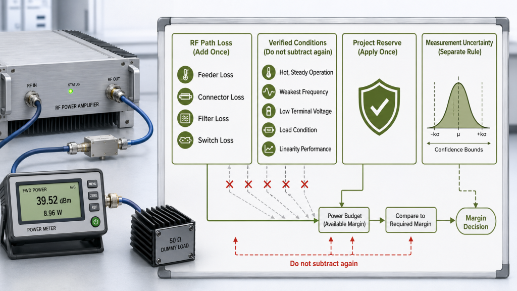 RF PA power margin calculation avoiding double counting of RF path loss, tested conditions, reserve, and uncertainty