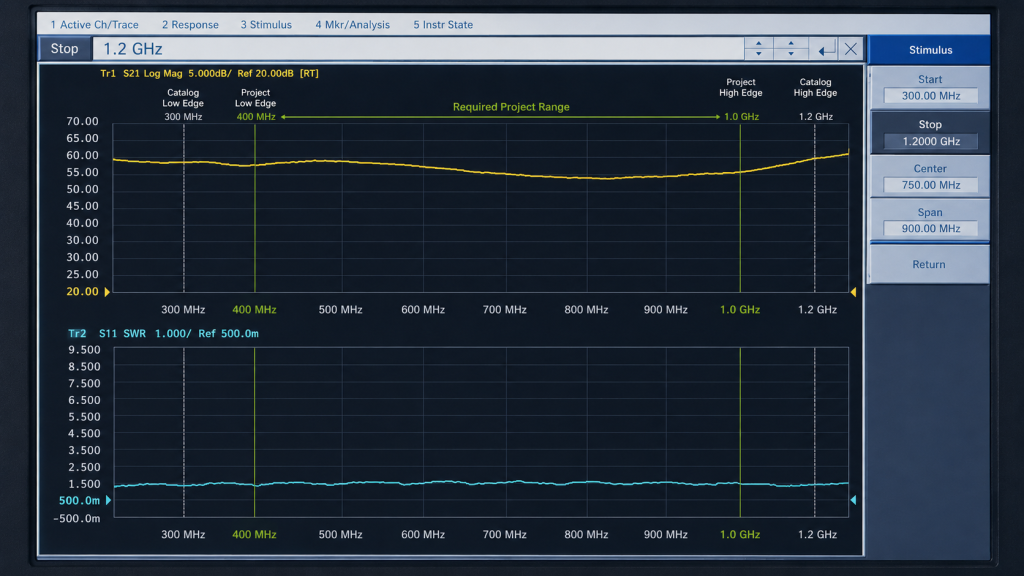 RF PA catalog frequency range compared with required project operating range from 400 MHz to 1000 MHz