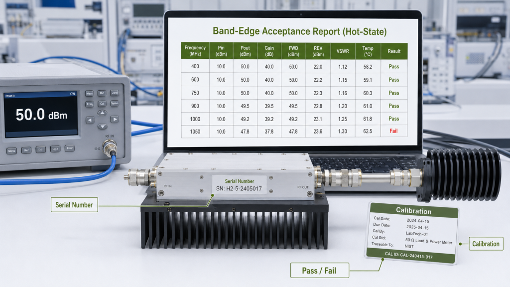 Hot-state RF power amplifier band-edge acceptance test with pass and fail results