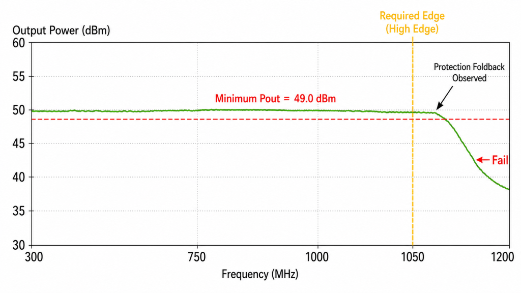 RF PA band-edge pass fail test showing minimum output power threshold and protection foldback behavior