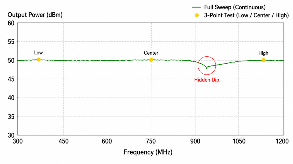 RF PA three-point test compared with full frequency sweep showing hidden output power dip