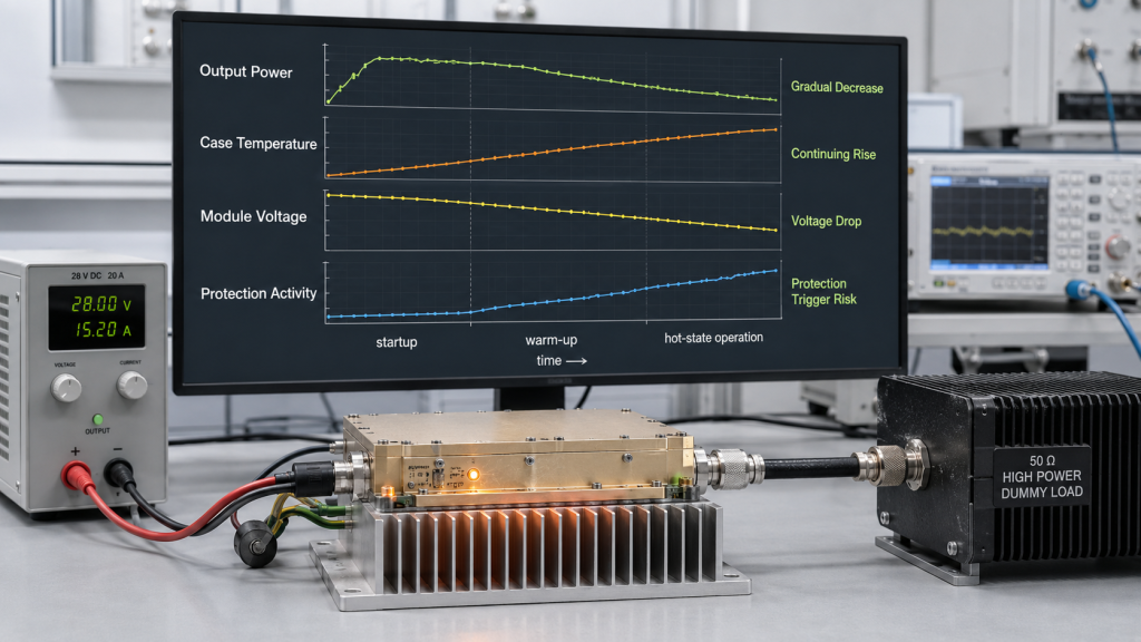 RF PA duty cycle failure trends showing output loss, rising temperature, voltage drop, and protection risk
