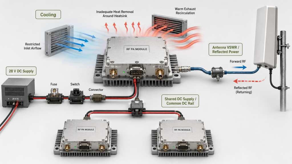 RF PA duty cycle risks caused by restricted cooling, shared DC supply, and antenna VSWR