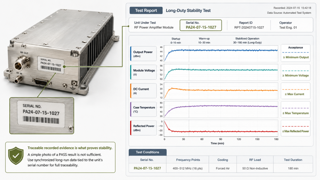 RF PA long-duty output test evidence with serial-number-linked conditions and stabilized measurement trends
