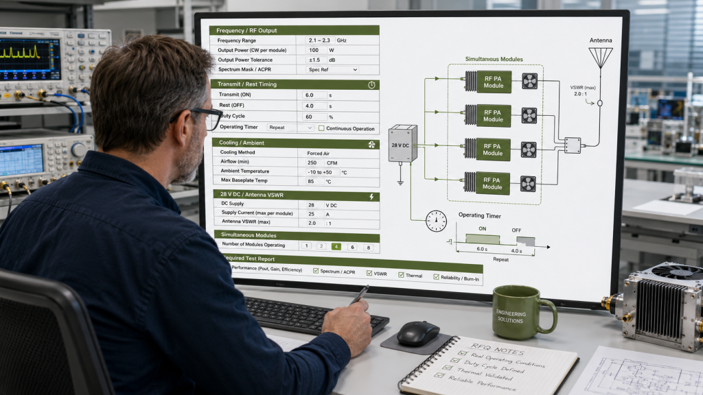 RF PA duty cycle RFQ requirements covering output power, transmit timing, cooling, DC supply, VSWR, and test reports