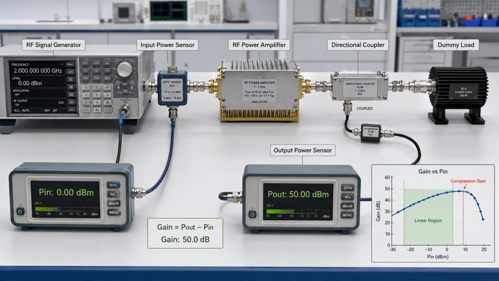 RF PA Pin, Pout, gain, and compression measured in one test setup