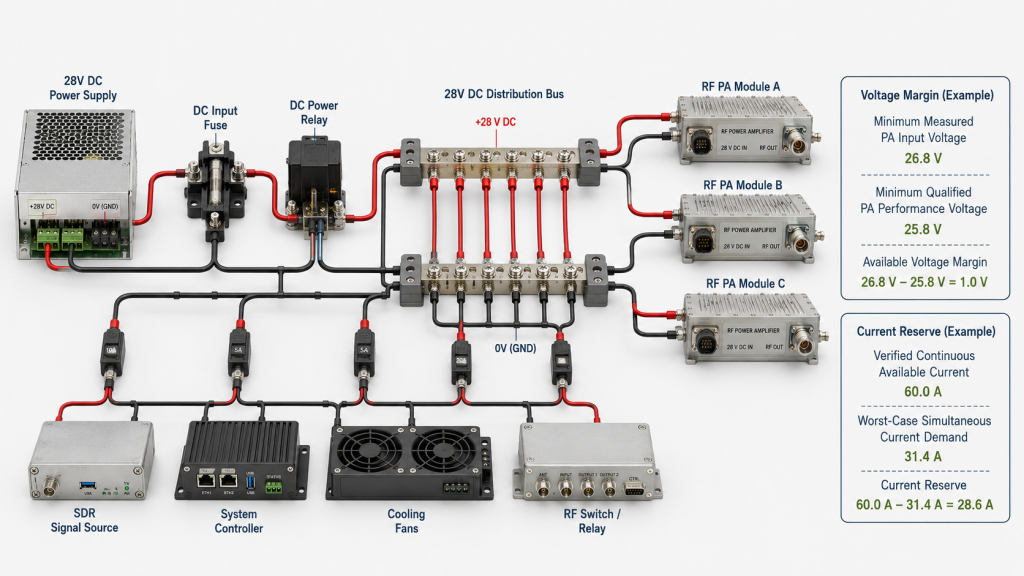 RF PA voltage margin and current reserve calculated from worst-case simultaneous system loads