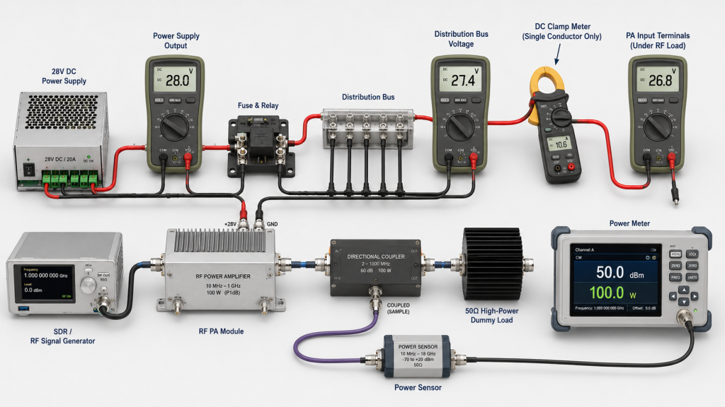 Measuring power-supply, distribution-bus, and PA-terminal voltage while delivering 100 W RF output