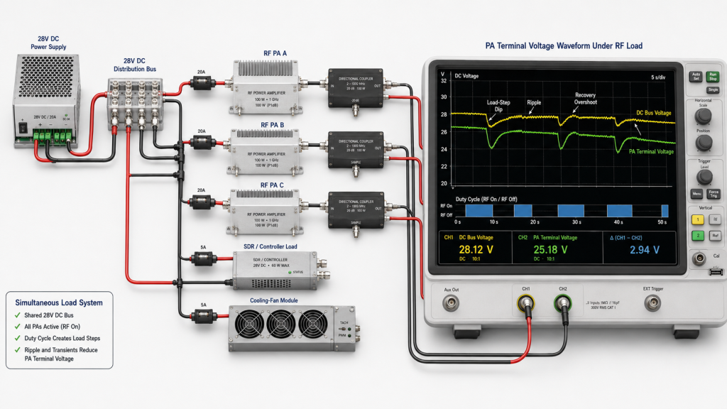 PA terminal voltage dip, ripple, recovery overshoot, and warm-state decline under shared RF loads