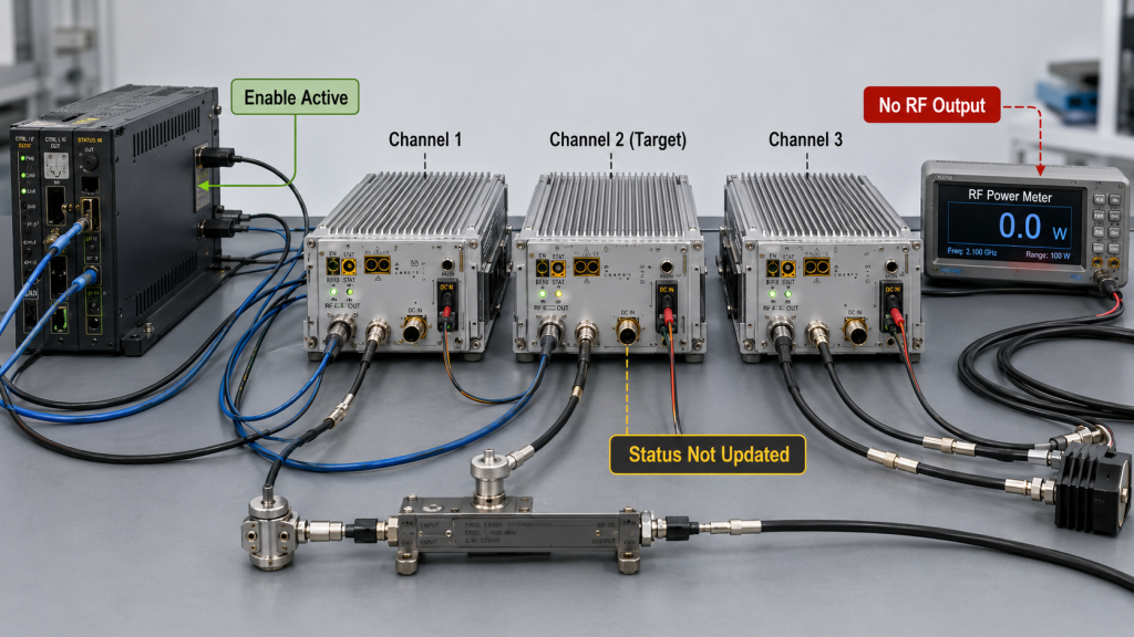 RF PA control interface fault symptoms including active Enable, no RF output, and status not updated