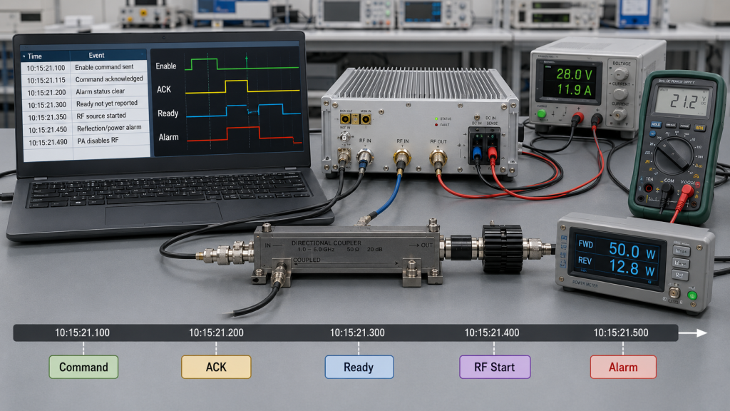 Capturing RF PA command, ACK, Ready, RF start, and alarm timing before changing hardware
