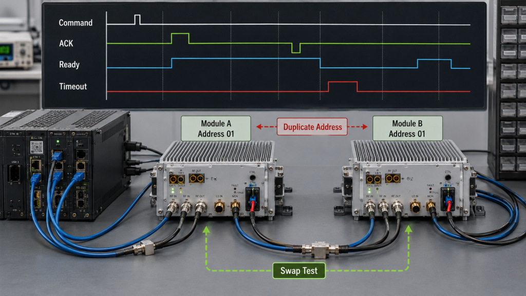 Duplicate module addresses, command timing, and swap testing used to separate communication faults from PA hardware failure