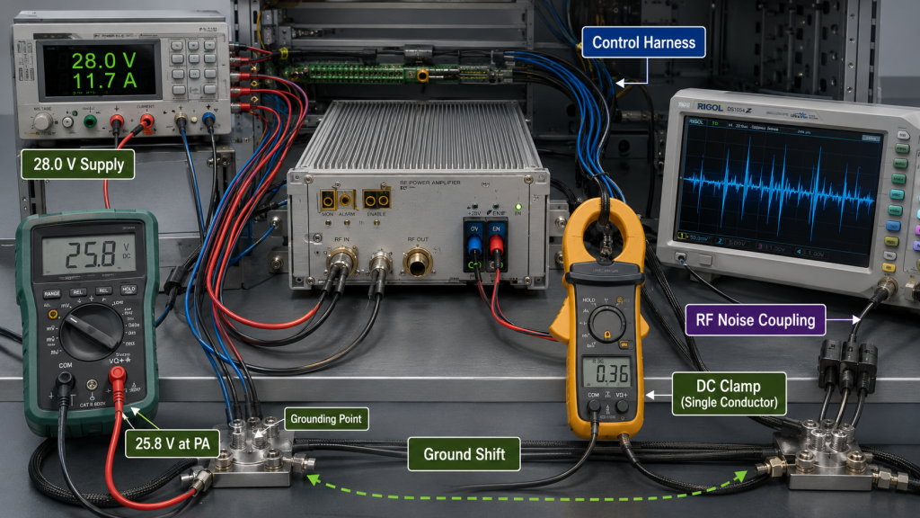 Checking PA-terminal voltage, single-conductor DC current, ground shift, control harness, and RF noise coupling