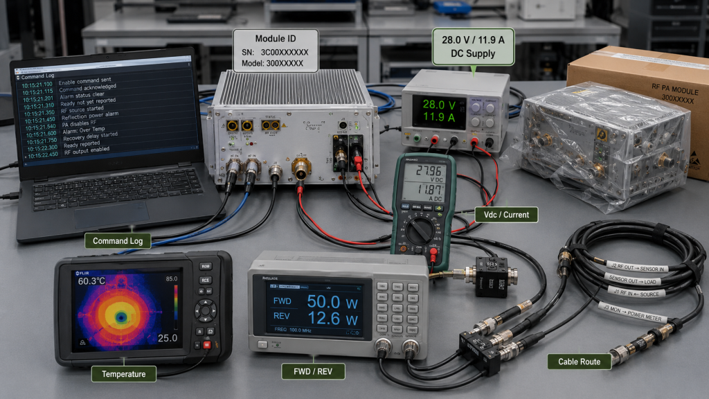 RF PA fault evidence package including module ID, command log, voltage, current, temperature, forward and reflected power, and cable routing