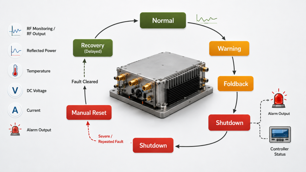 RF PA protection state machine showing normal, warning, foldback, shutdown, latched fault, manual reset, and delayed recovery states