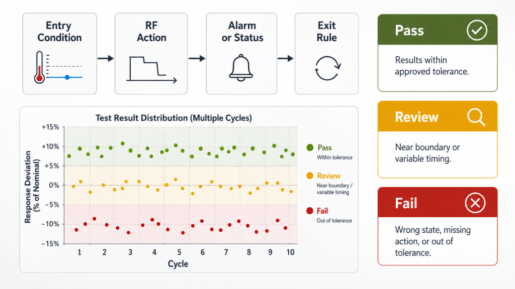 RF PA fault state map with entry condition, RF action, alarm status, exit rule, and Pass Review Fail acceptance criteria
