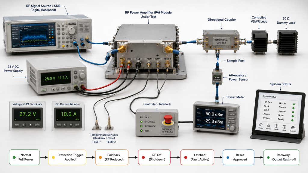 Controlled RF PA protection validation test bench with RF source, directional coupler, VSWR load, dummy load, power meter, 28 V supply, and PA terminal monitoring