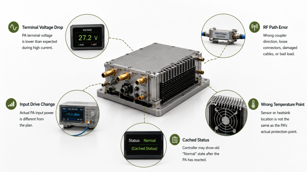 Common causes of false RF PA protection validation results including terminal voltage drop, RF path error, input drive change, wrong temperature point, and cached controller status