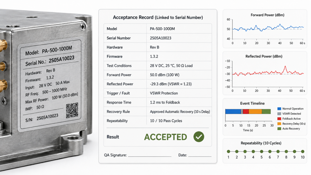 S/N-linked RF PA acceptance record with forward power, reflected power, VSWR protection response, recovery rule, and repeatability evidence
