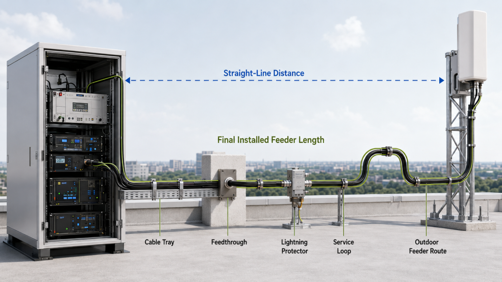 Straight-line antenna distance compared with the final installed RF feeder length