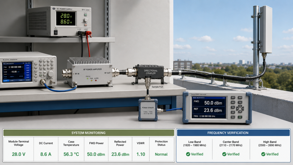 Hot-state RF PA testing across the installed feeder path and real outdoor antenna load