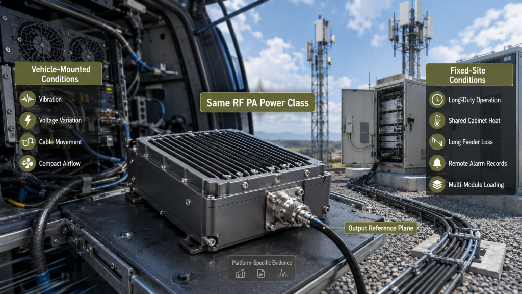 Same RF PA power class under different vehicle-mounted and fixed-site platform conditions
