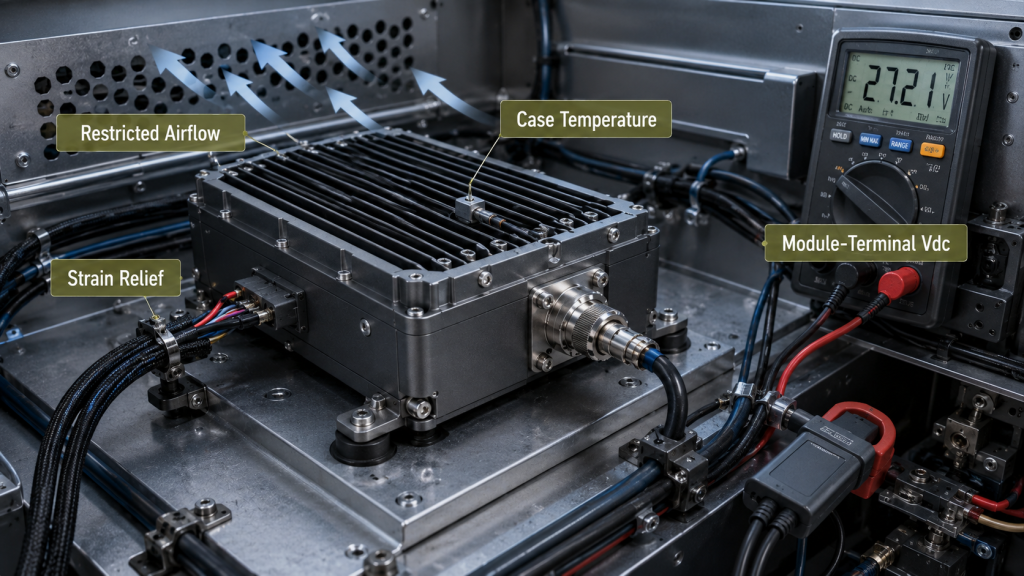 Vehicle-mounted RF PA installation showing terminal voltage, strain relief, case temperature, and restricted airflow