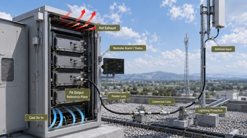 Fixed-site RF PA cabinet with feeder loss, connector loss, lightning protection, and remote antenna input