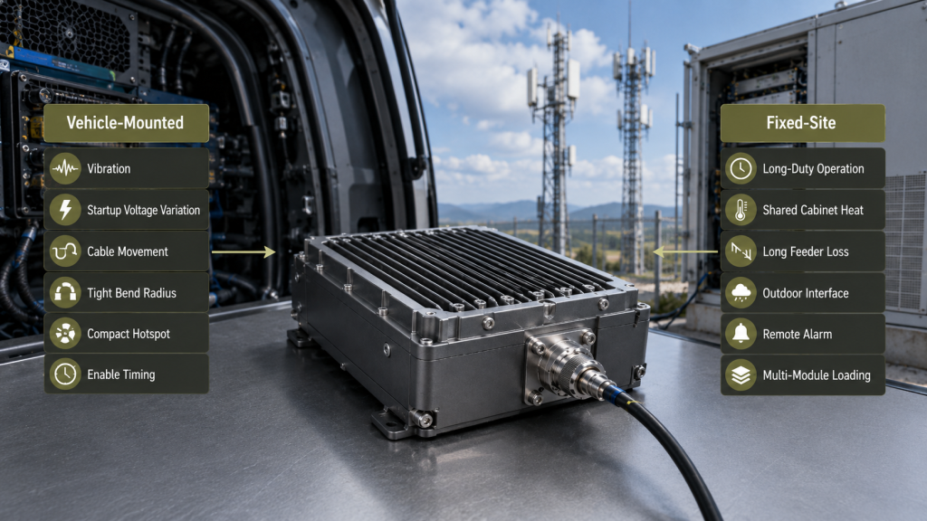 Vehicle-mounted and fixed-site RF PA requirement priorities compared