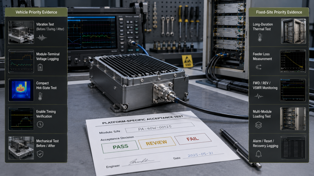 Platform-specific RF PA acceptance evidence with vehicle and fixed-site priority tests