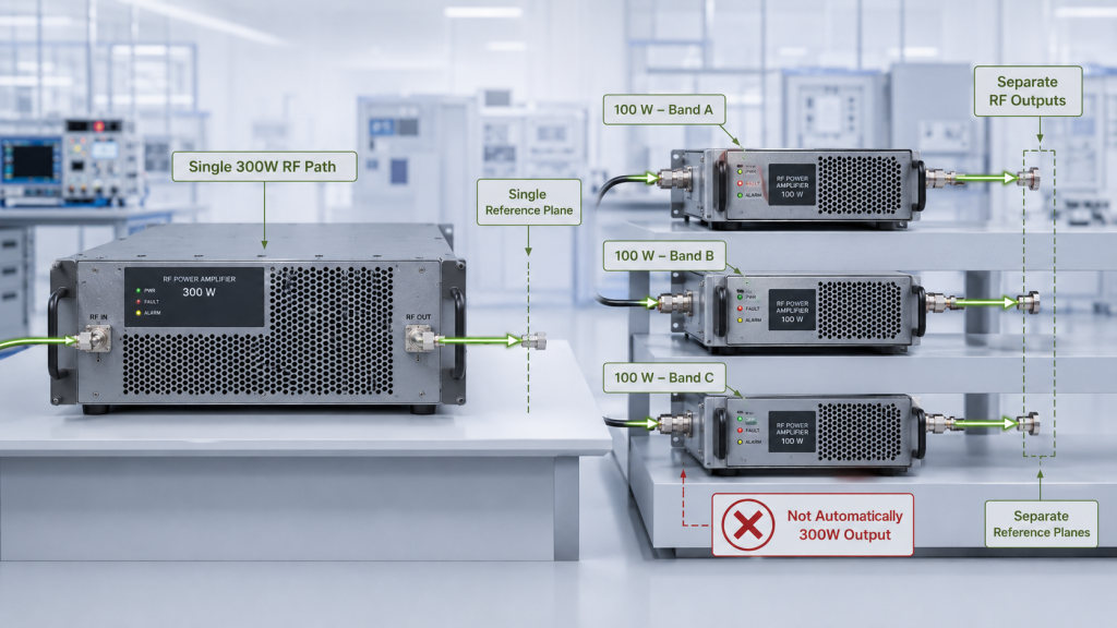 Single 300W RF path compared with three separate 100W RF outputs and reference planes