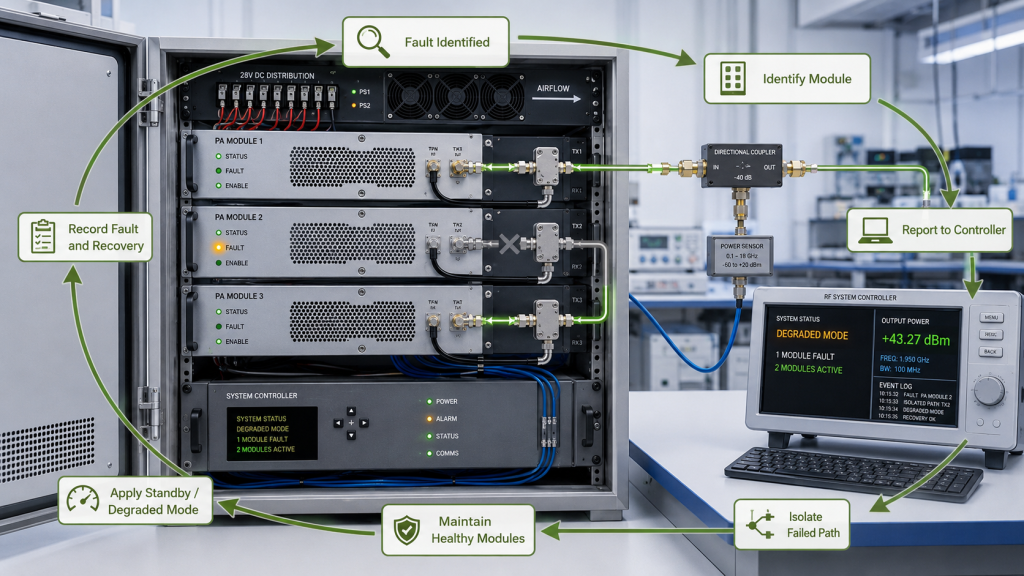 RF PA module fault response sequence from fault identification to isolation, degraded operation, and recovery