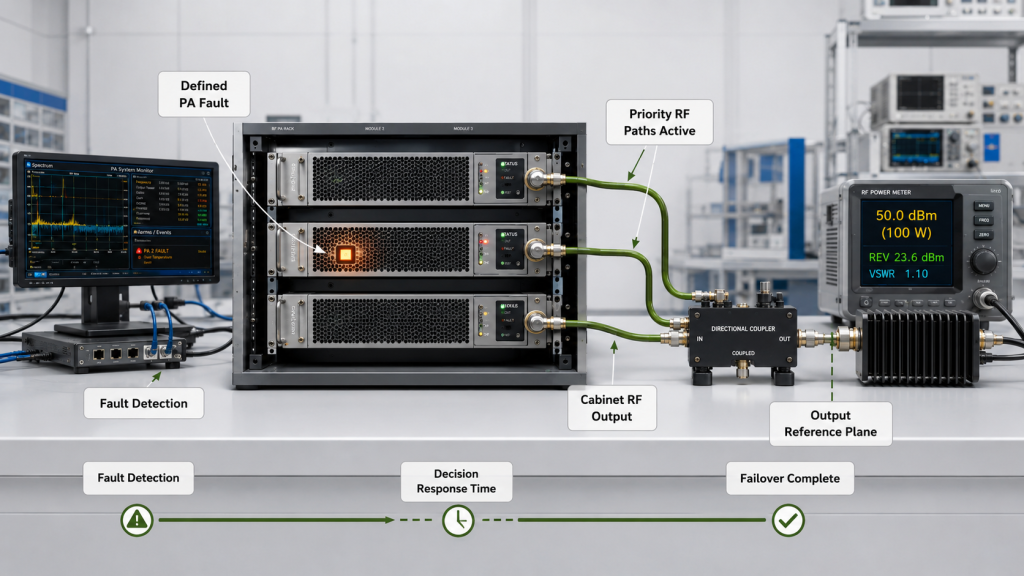 RF PA redundancy fault detection, response time, priority RF paths, and cabinet output reference plane