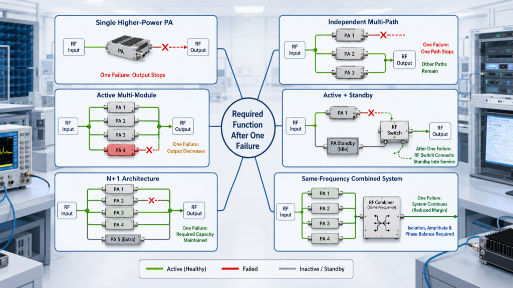 Comparison of higher-power PA, independent multi-path, active standby, N+1, and combined RF PA architectures