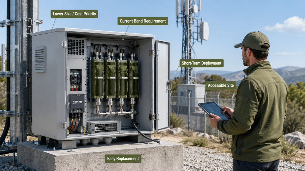 Fixed common-band RF PA cabinet for short-term deployment with lower size and cost priority