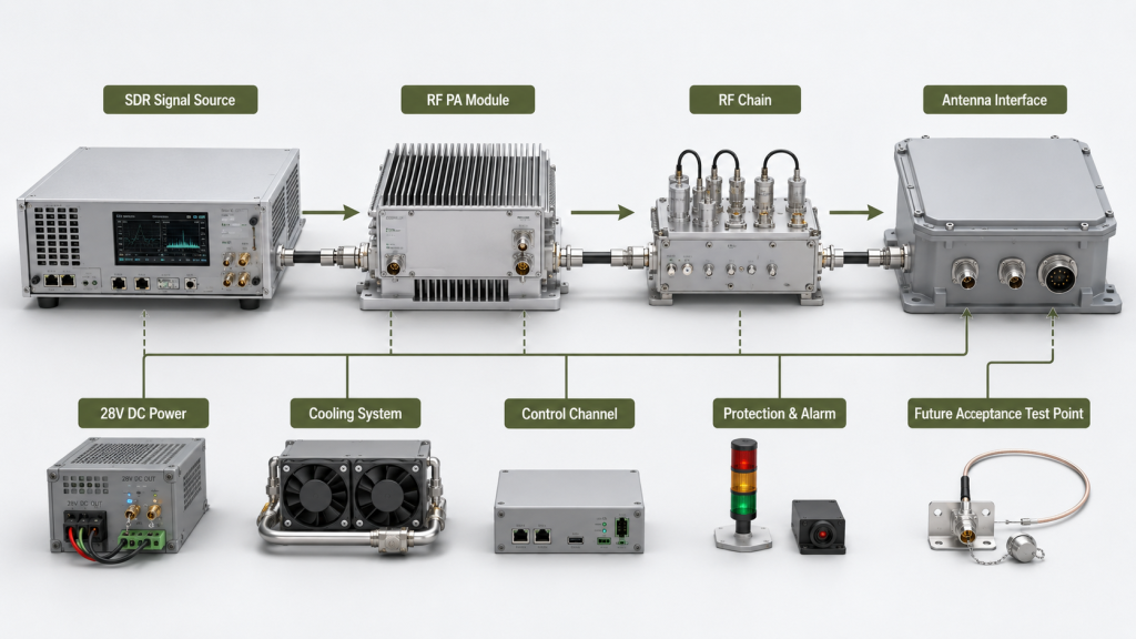 Future approved frequency requiring SDR, RF PA, RF chain, 28V power, cooling, control, protection, and acceptance