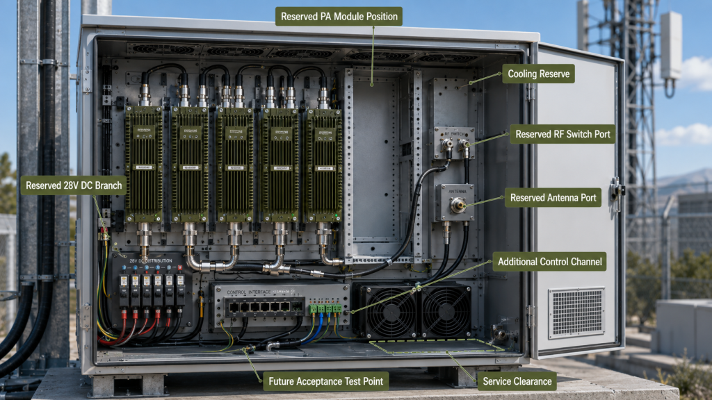 RF PA expansion reserve including module space, 28V DC branch, cooling, RF switch port, antenna port, and control channel