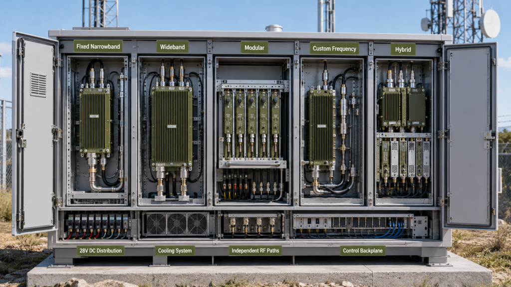 Comparison of fixed narrowband, wideband, modular, custom-frequency, and hybrid RF PA architectures