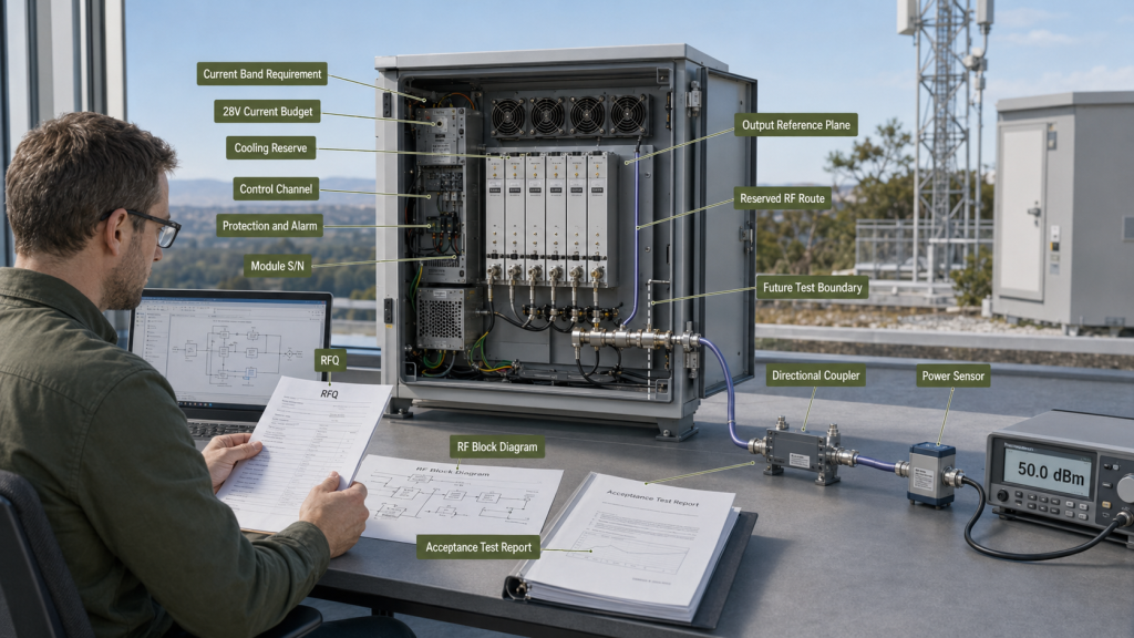 RFQ and acceptance evidence for RF PA expansion including output reference plane, current budget, cooling reserve, and output testing