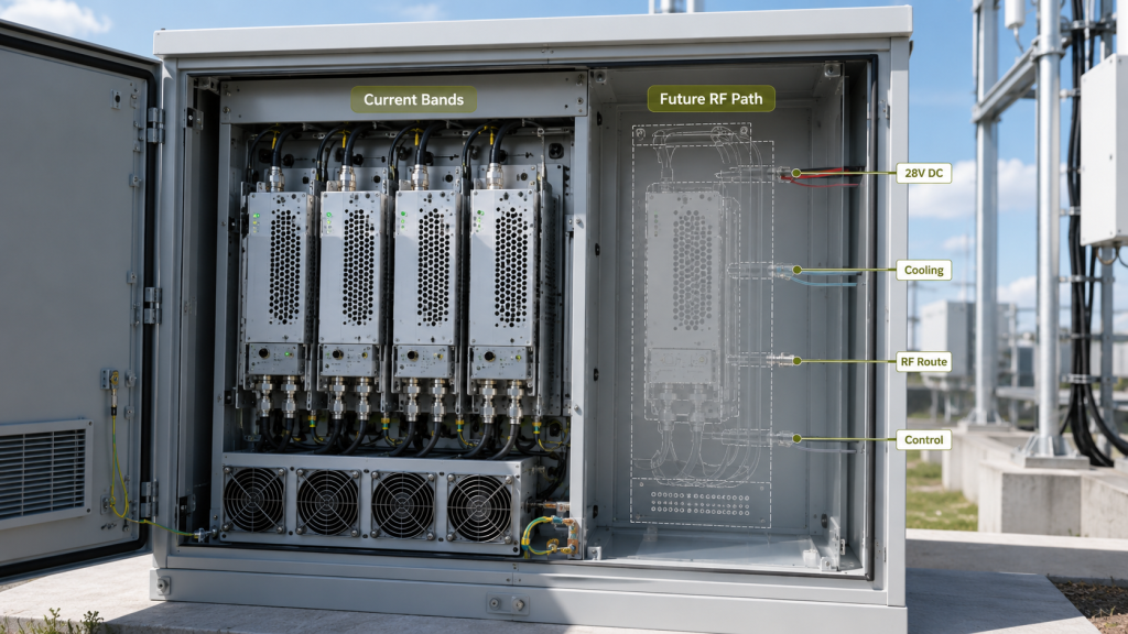 Fixed common-band RF PA cabinet for short-term deployment with lower size and cost priority