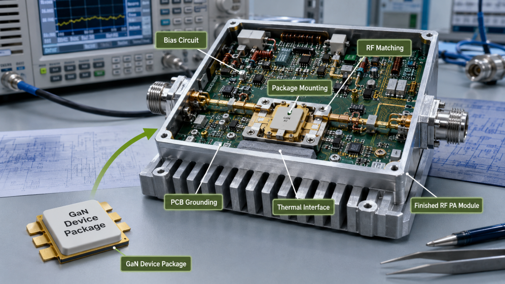 GaN device package and finished RF PA module showing how bias, RF matching, grounding, mounting, and thermal interfaces affect module quality