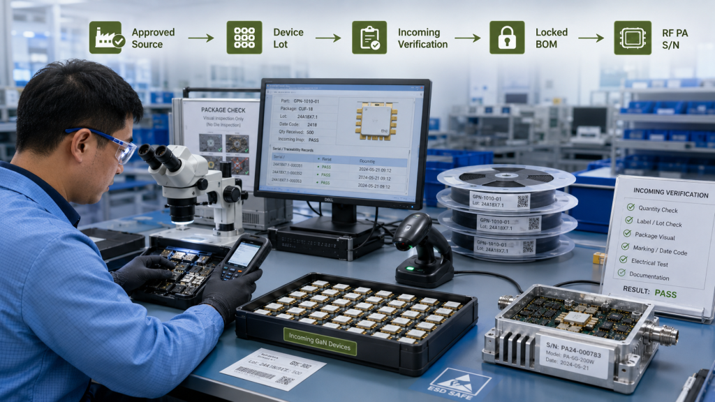 RF PA production evidence chain from approved GaN source and device lot to incoming verification, locked BOM, and module serial number